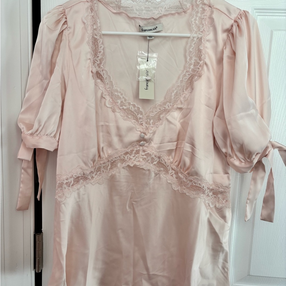 Francesca's Collections Blush Pink Satin Lace-Trim Blouse